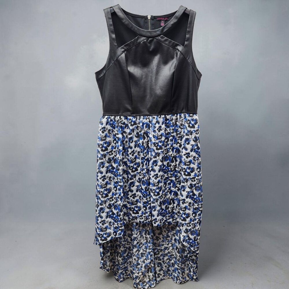 Material Girl Hi/Low Dress Juniors Large Black Blue Faux Leather Whimsigoth Y2K